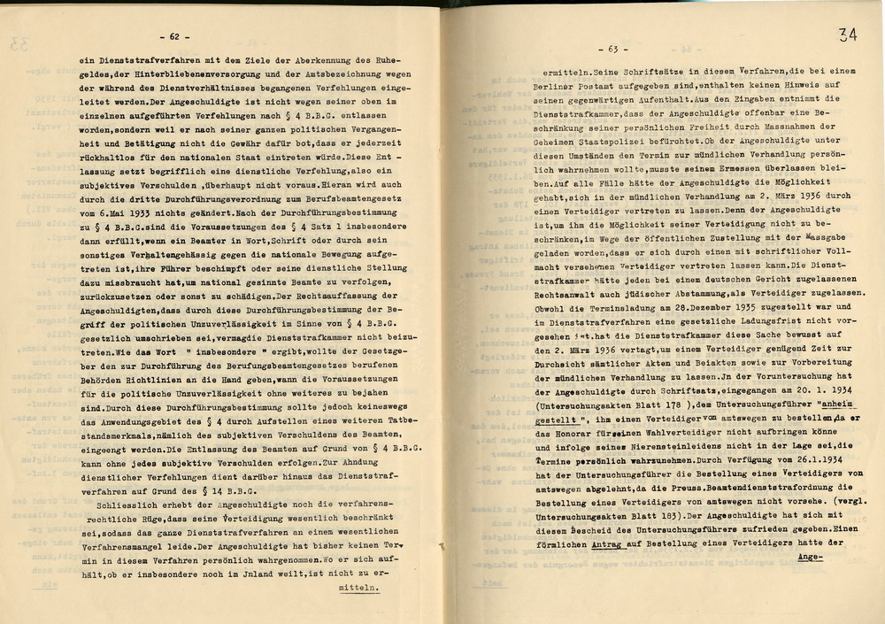 Urteil der Dienststrafkammer Koblenz im Dienststrafverfahren gegen den Polizeipräsidenten a. D. Dr. Adolf Hohenstein, Koblenz, den 2. März 1936.