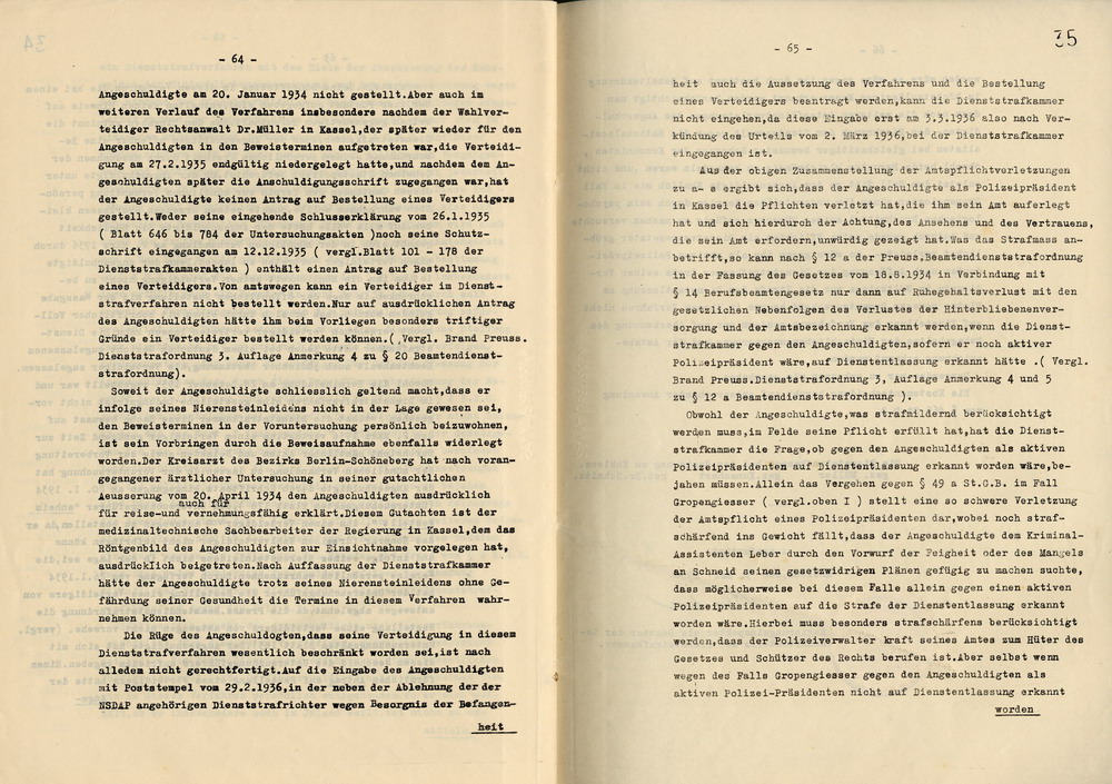 Urteil der Dienststrafkammer Koblenz im Dienststrafverfahren gegen den Polizeipräsidenten a. D. Dr. Adolf Hohenstein, Koblenz, den 2. März 1936.
