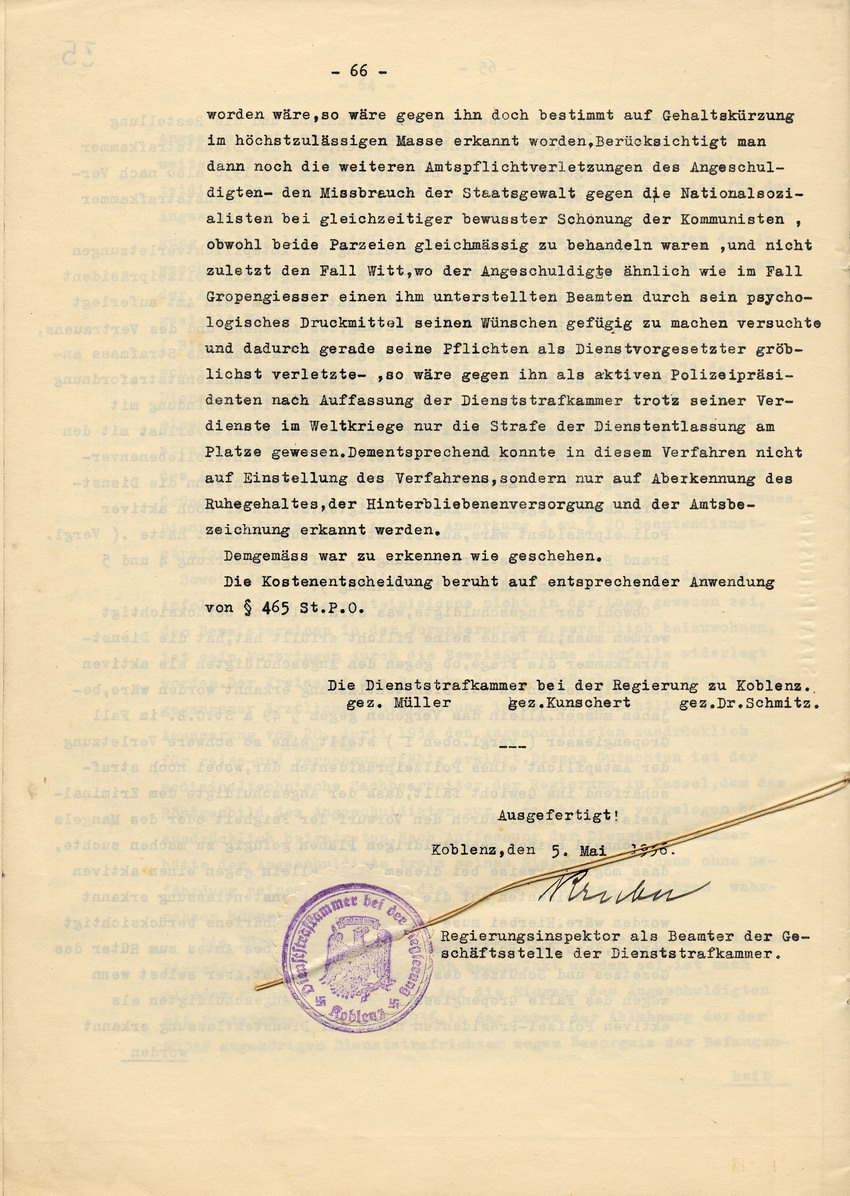 Urteil der Dienststrafkammer Koblenz im Dienststrafverfahren gegen den Polizeipräsidenten a. D. Dr. Adolf Hohenstein, Koblenz, den 2. März 1936.