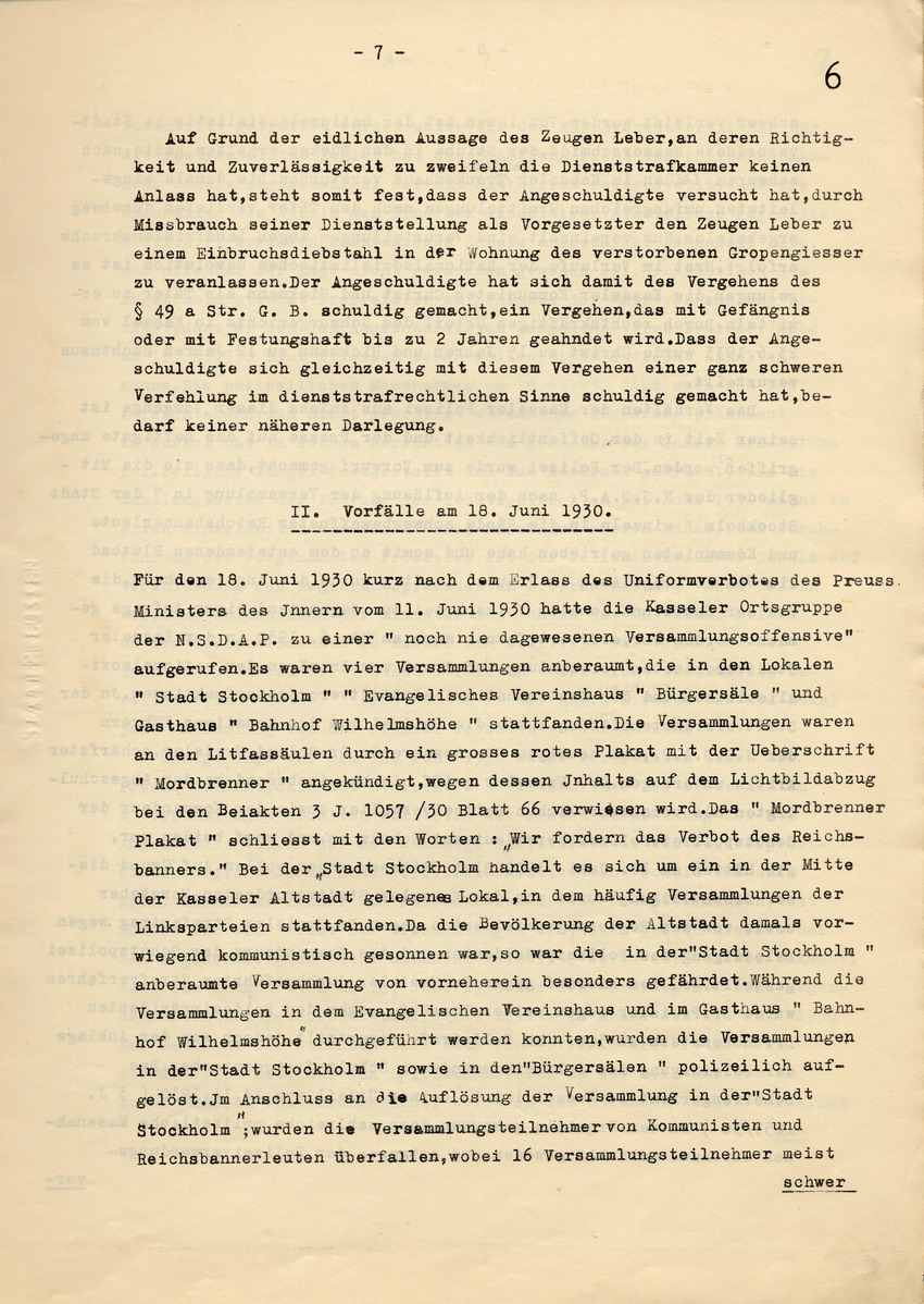 Urteil der Dienststrafkammer Koblenz im Dienststrafverfahren gegen den Polizeipräsidenten a. D. Dr. Adolf Hohenstein, Koblenz, den 2. März 1936.