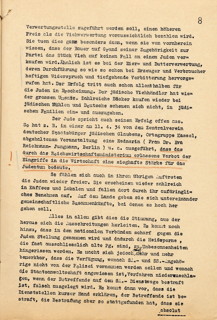 Bericht des Polizeipräsidenten von Übergriffen auf jüdische Mitbrüger, die Entwicklung der Situation der jüdischen Bevölkerung, sowie mögliche Gründe für die zunehmenden Übergriffe mit dem Hinweis auf eine strengere Bestrafung, Kassel, den 16. April 1935.