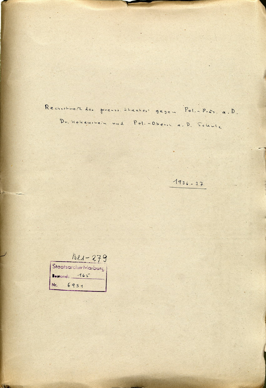 Mitteilung der Dienststrafkammer Koblenz an den Regierungspäsidenten in Kassel über das Urteil im Dienststrafverfahren gegen den Polizeipräsident a. D. Hohenstein, Koblenz, den 9. April 1936.