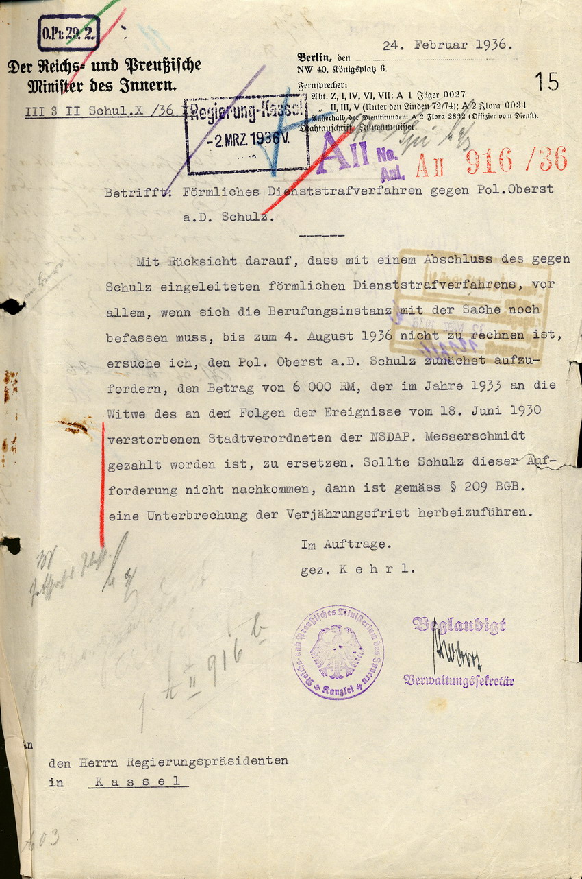 Zahlungsaufforderung an den Polizei-Oberstleutnant a. D. Schulz über 6000 Reichsmark als Ersatz für die Entschädigungszahlung des Preußischen Staates an die Witwe Messerschmidt, Berlin, den 24. Februar 1936.
