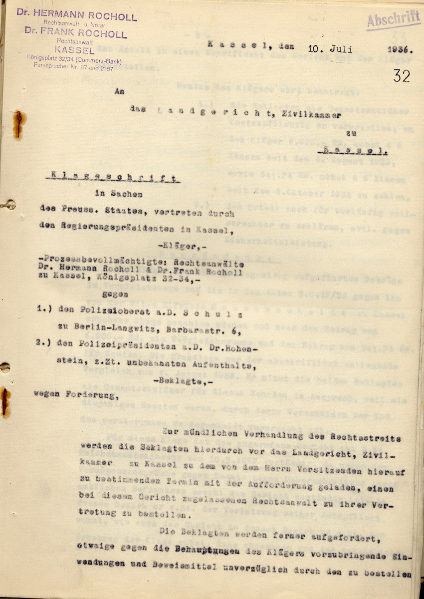 Anwaltskanzlei Rocholl: Klageschrift an das Landgericht Kassel gegen den Polizeipräsidenten a. D. Hohenstein und den Polizei-Oberstleutnant a. D. Schulz: Zahlungsforderung über  6000 Reichsmark, Kassel, den 10. Juni 1936.
