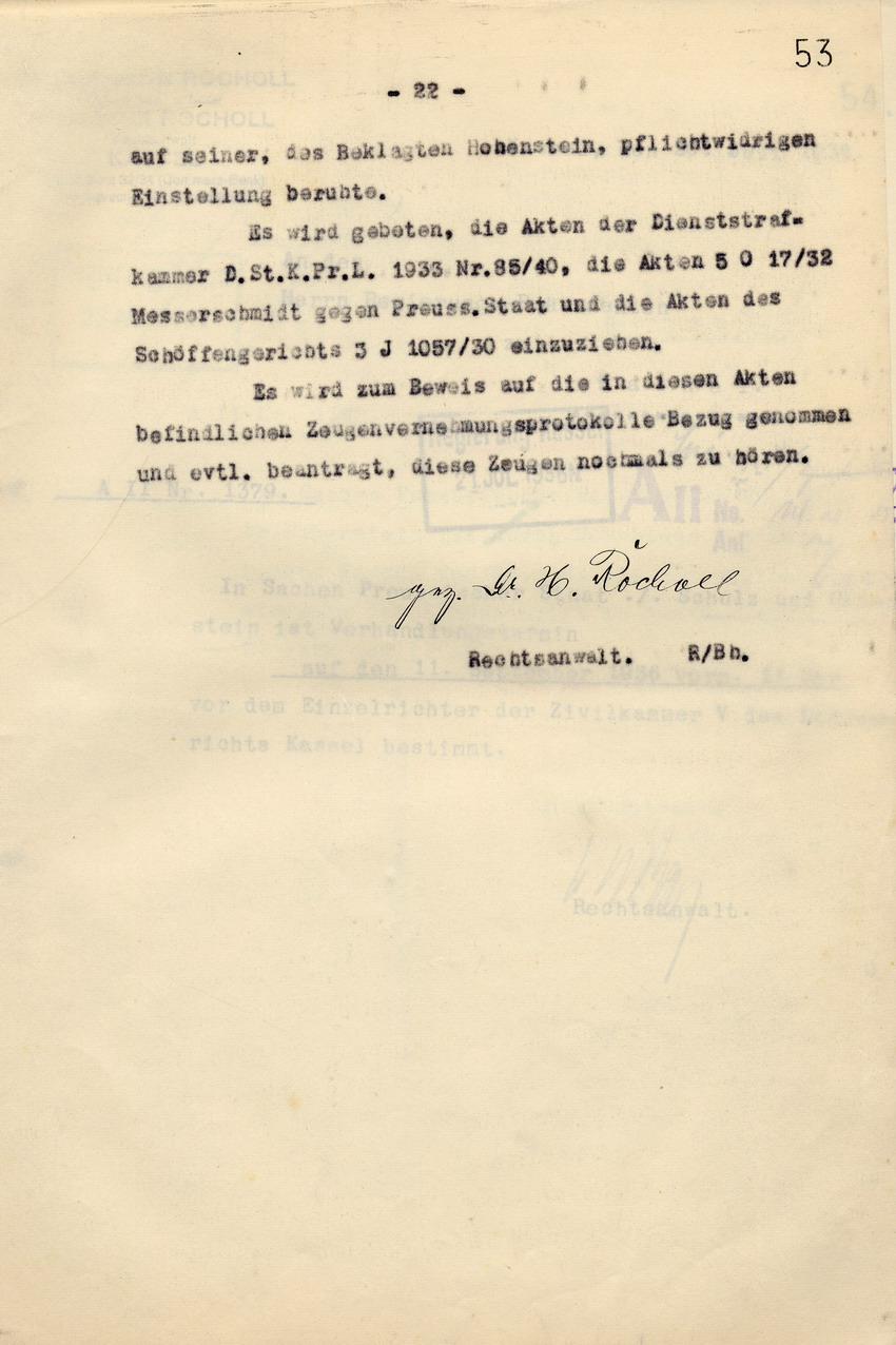 Anwaltskanzlei Rocholl: Klageschrift an das Landgericht Kassel gegen den Polizeipräsidenten a. D. Hohenstein und den Polizei-Oberstleutnant a. D. Schulz: Zahlungsforderung über  6000 Reichsmark, Kassel, den 10. Juni 1936.