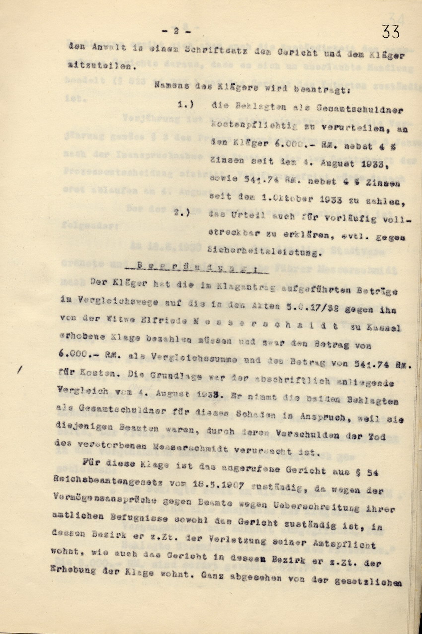Anwaltskanzlei Rocholl: Klageschrift an das Landgericht Kassel gegen den Polizeipräsidenten a. D. Hohenstein und den Polizei-Oberstleutnant a. D. Schulz: Zahlungsforderung über  6000 Reichsmark, Kassel, den 10. Juni 1936.