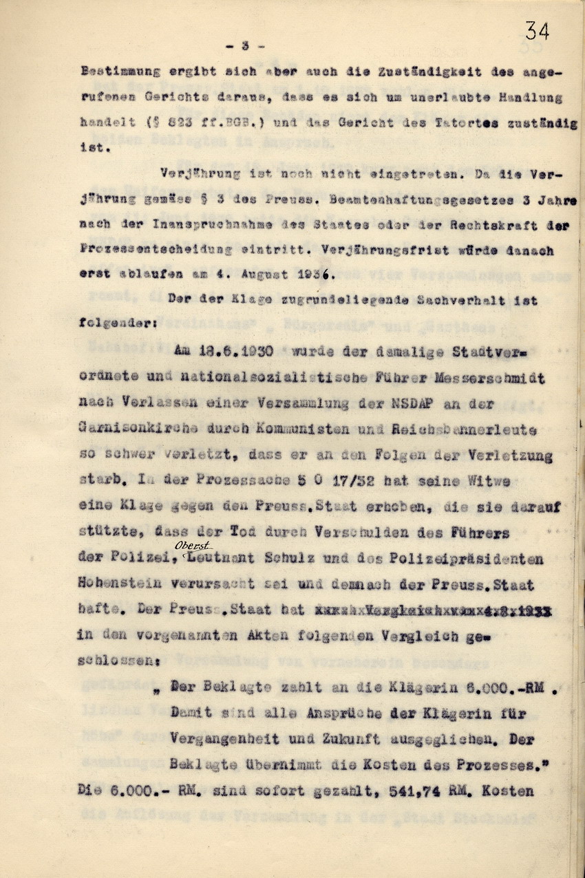 Anwaltskanzlei Rocholl: Klageschrift an das Landgericht Kassel gegen den Polizeipräsidenten a. D. Hohenstein und den Polizei-Oberstleutnant a. D. Schulz: Zahlungsforderung über  6000 Reichsmark, Kassel, den 10. Juni 1936.