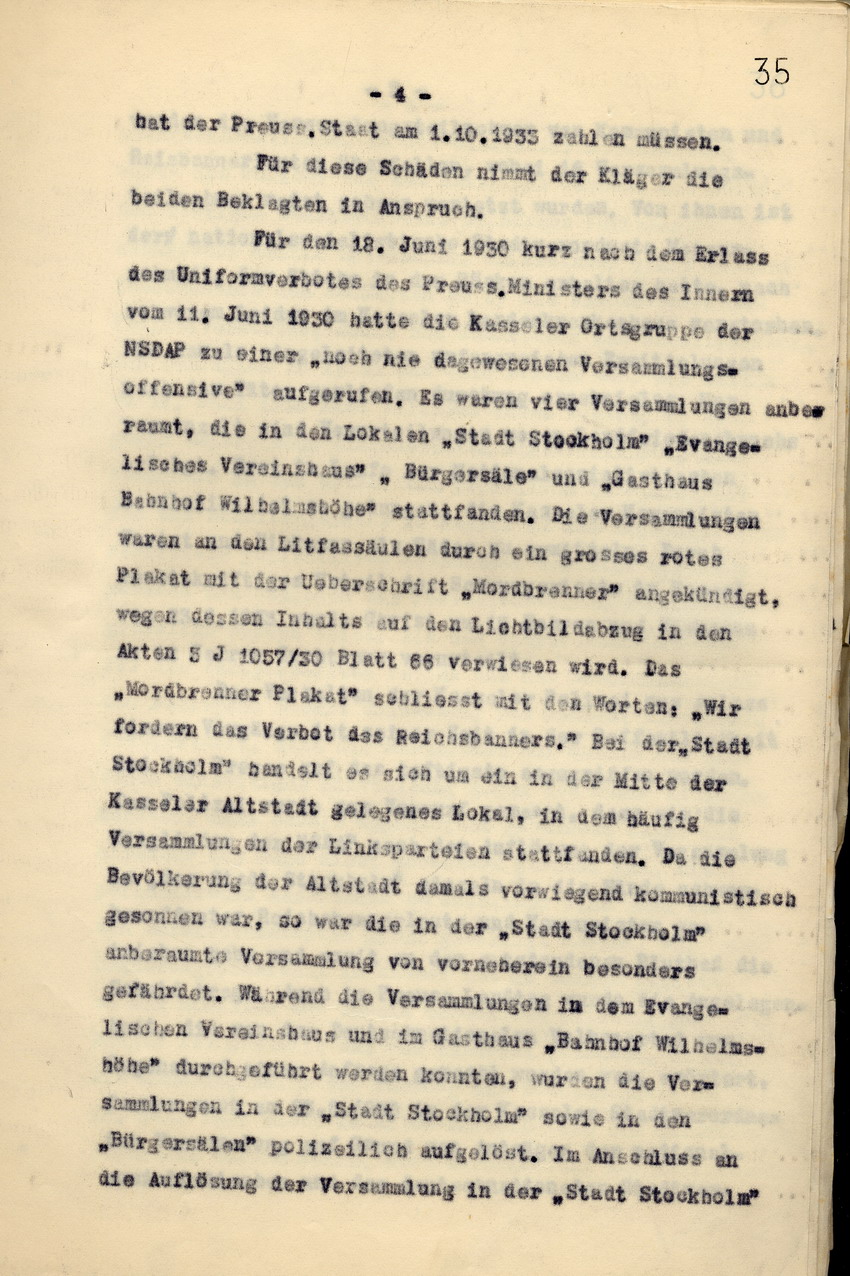 Anwaltskanzlei Rocholl: Klageschrift an das Landgericht Kassel gegen den Polizeipräsidenten a. D. Hohenstein und den Polizei-Oberstleutnant a. D. Schulz: Zahlungsforderung über  6000 Reichsmark, Kassel, den 10. Juni 1936.