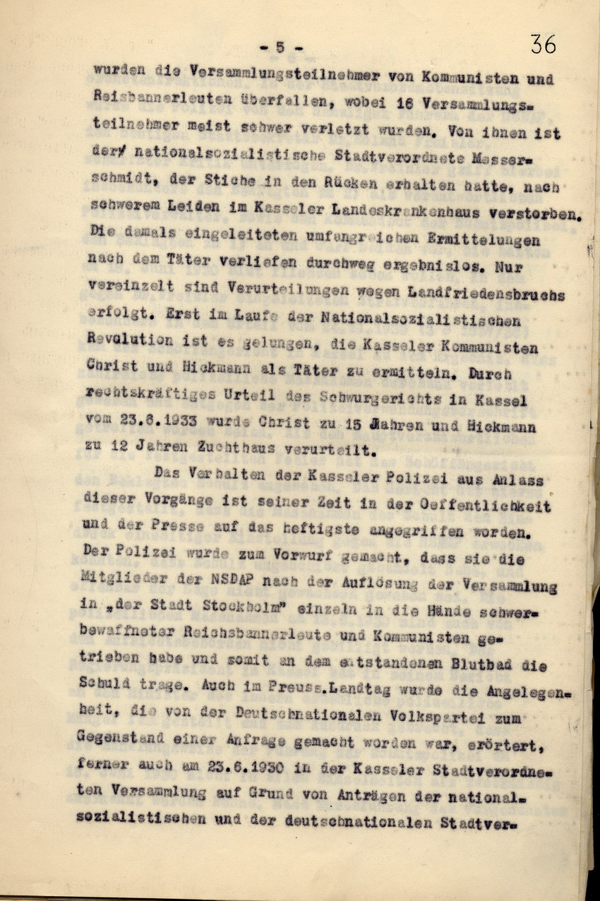 Anwaltskanzlei Rocholl: Klageschrift an das Landgericht Kassel gegen den Polizeipräsidenten a. D. Hohenstein und den Polizei-Oberstleutnant a. D. Schulz: Zahlungsforderung über  6000 Reichsmark, Kassel, den 10. Juni 1936.