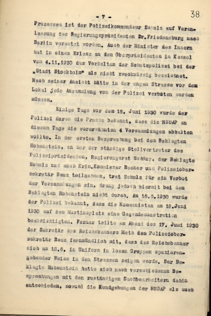 Anwaltskanzlei Rocholl: Klageschrift an das Landgericht Kassel gegen den Polizeipräsidenten a. D. Hohenstein und den Polizei-Oberstleutnant a. D. Schulz: Zahlungsforderung über  6000 Reichsmark, Kassel, den 10. Juni 1936.