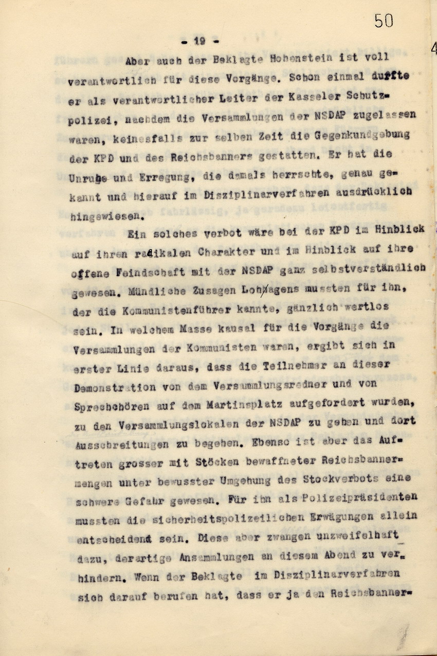 Anwaltskanzlei Rocholl: Klageschrift an das Landgericht Kassel gegen den Polizeipräsidenten a. D. Hohenstein und den Polizei-Oberstleutnant a. D. Schulz: Zahlungsforderung über  6000 Reichsmark, Kassel, den 10. Juni 1936.