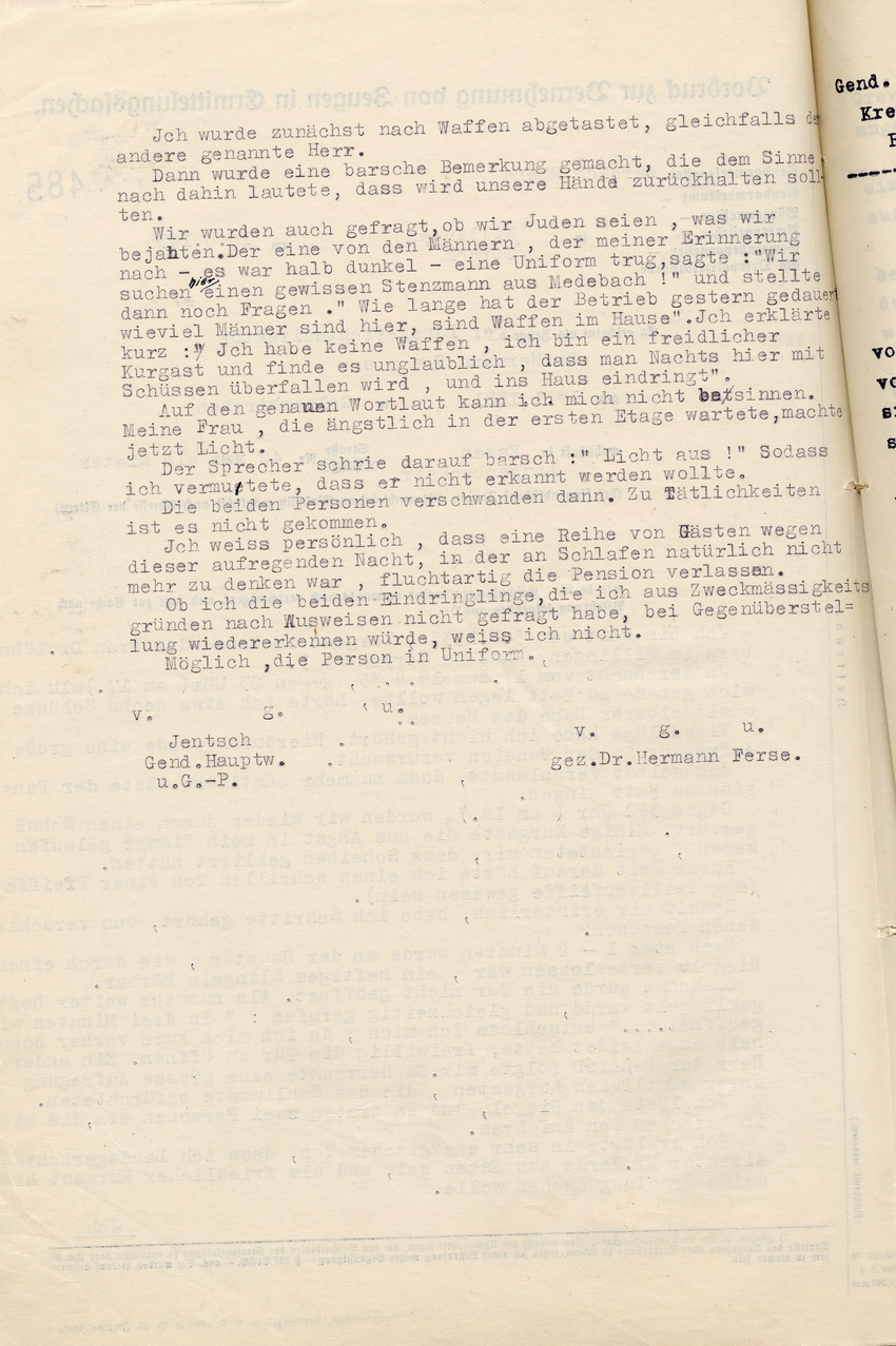 Protokoll der Vernehmung des jüdischen Landgerichtsdirektors Dr. Hermann Ferse zu der Ruhestörung und Sachbeschädigung in der jüdischen Pension Löhnberg in Stryck am 17./ 18. August 1935, Willingen, den 18. August 1935.