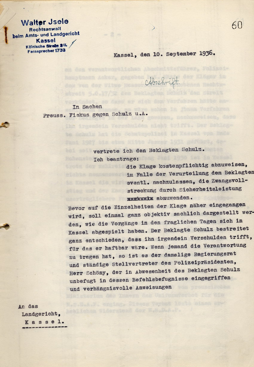 Rechtsanwalt Isele: Antrag auf Abweisung der Klage gegen den Polizei-Oberstleutnant a. D. Schulz. Gegendarstellung zu den Ereignissen vom 18. Juni 1930, Kassel, den 10. September 1936.