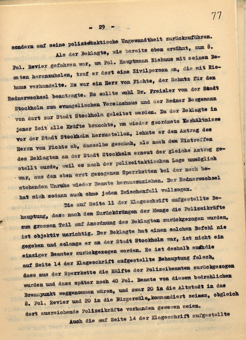 Rechtsanwalt Isele: Antrag auf Abweisung der Klage gegen den Polizei-Oberstleutnant a. D. Schulz. Gegendarstellung zu den Ereignissen vom 18. Juni 1930, Kassel, den 10. September 1936.