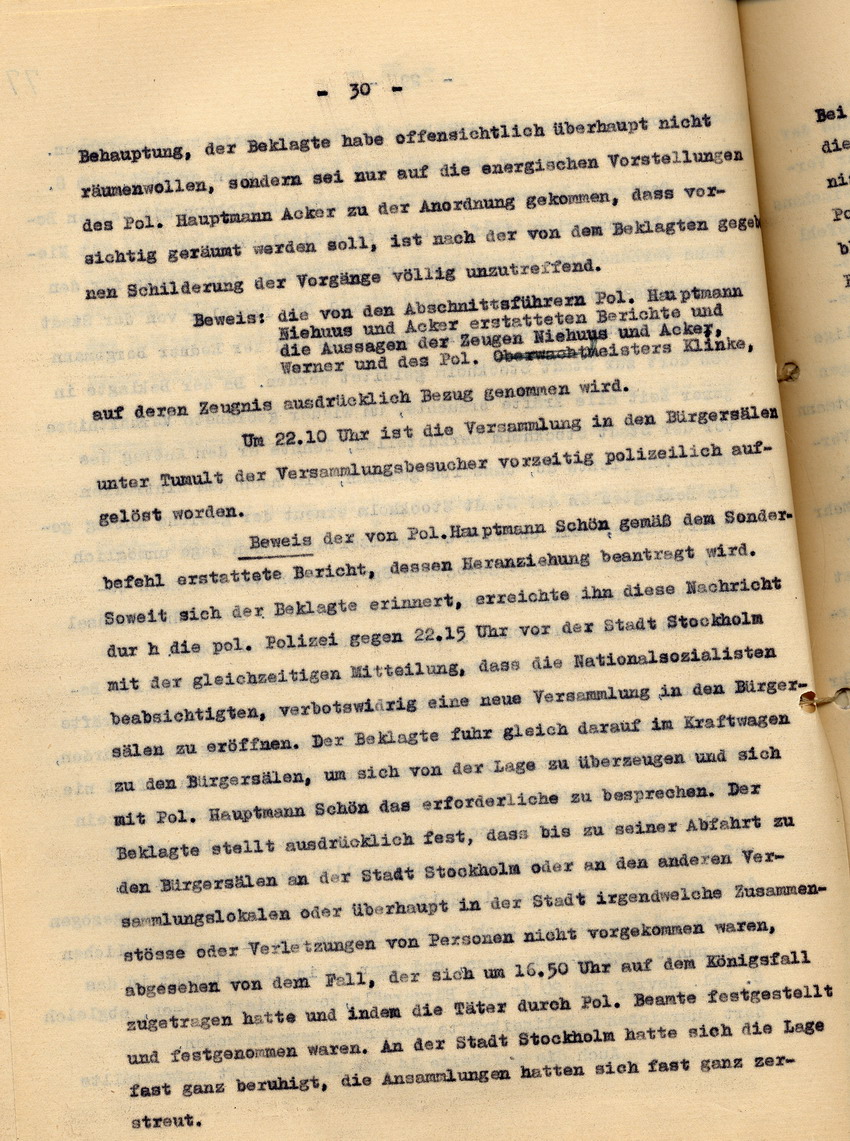 Rechtsanwalt Isele: Antrag auf Abweisung der Klage gegen den Polizei-Oberstleutnant a. D. Schulz. Gegendarstellung zu den Ereignissen vom 18. Juni 1930, Kassel, den 10. September 1936.