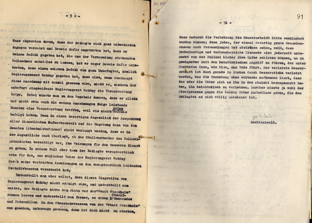 Rechtsanwalt Isele: Antrag auf Abweisung der Klage gegen den Polizei-Oberstleutnant a. D. Schulz. Gegendarstellung zu den Ereignissen vom 18. Juni 1930, Kassel, den 10. September 1936.