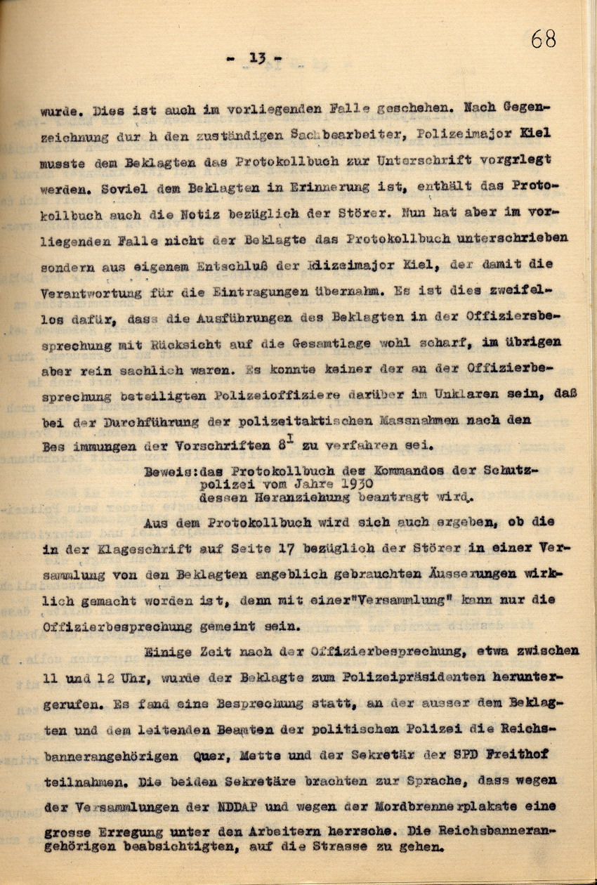 Rechtsanwalt Isele: Antrag auf Abweisung der Klage gegen den Polizei-Oberstleutnant a. D. Schulz. Gegendarstellung zu den Ereignissen vom 18. Juni 1930, Kassel, den 10. September 1936.