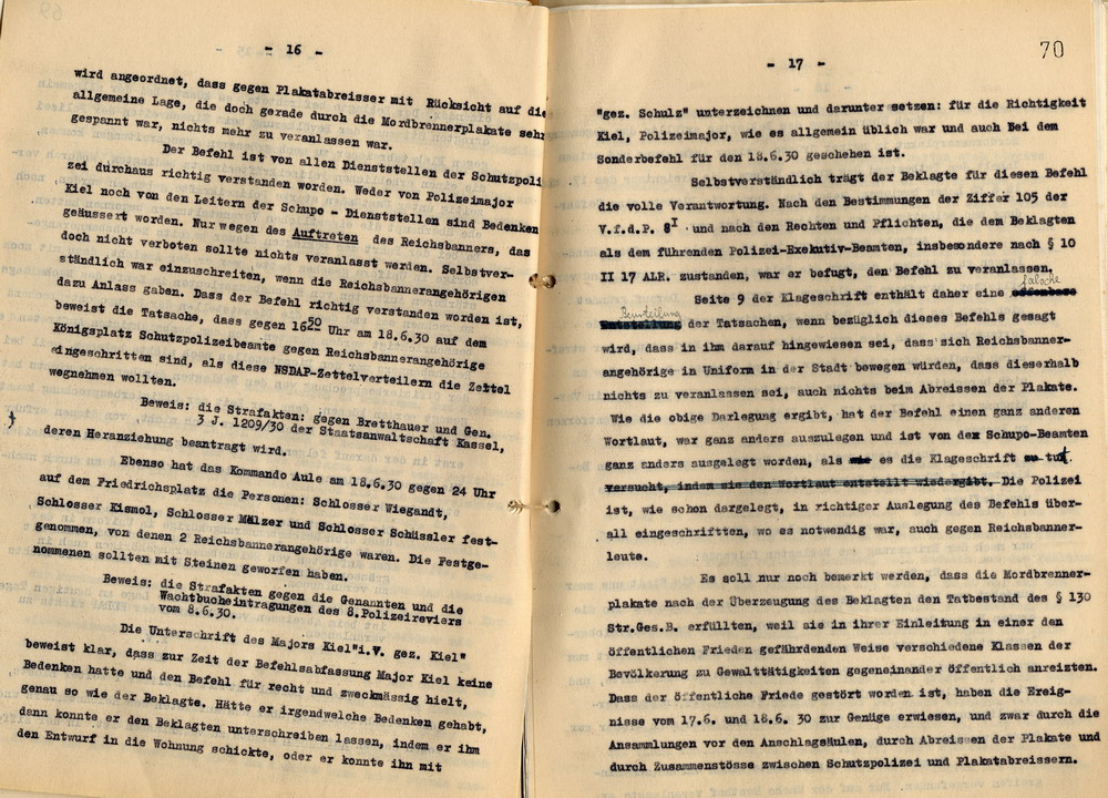 Rechtsanwalt Isele: Antrag auf Abweisung der Klage gegen den Polizei-Oberstleutnant a. D. Schulz. Gegendarstellung zu den Ereignissen vom 18. Juni 1930, Kassel, den 10. September 1936.