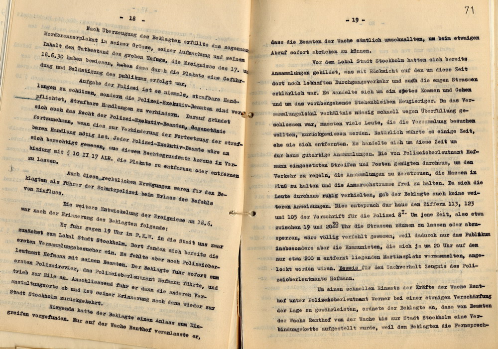 Rechtsanwalt Isele: Antrag auf Abweisung der Klage gegen den Polizei-Oberstleutnant a. D. Schulz. Gegendarstellung zu den Ereignissen vom 18. Juni 1930, Kassel, den 10. September 1936.