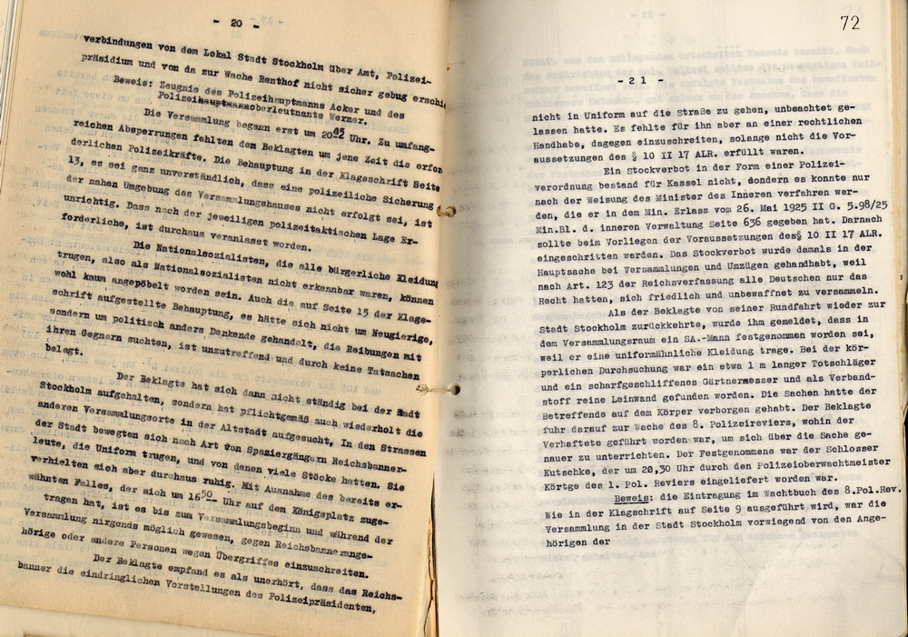 Rechtsanwalt Isele: Antrag auf Abweisung der Klage gegen den Polizei-Oberstleutnant a. D. Schulz. Gegendarstellung zu den Ereignissen vom 18. Juni 1930, Kassel, den 10. September 1936.