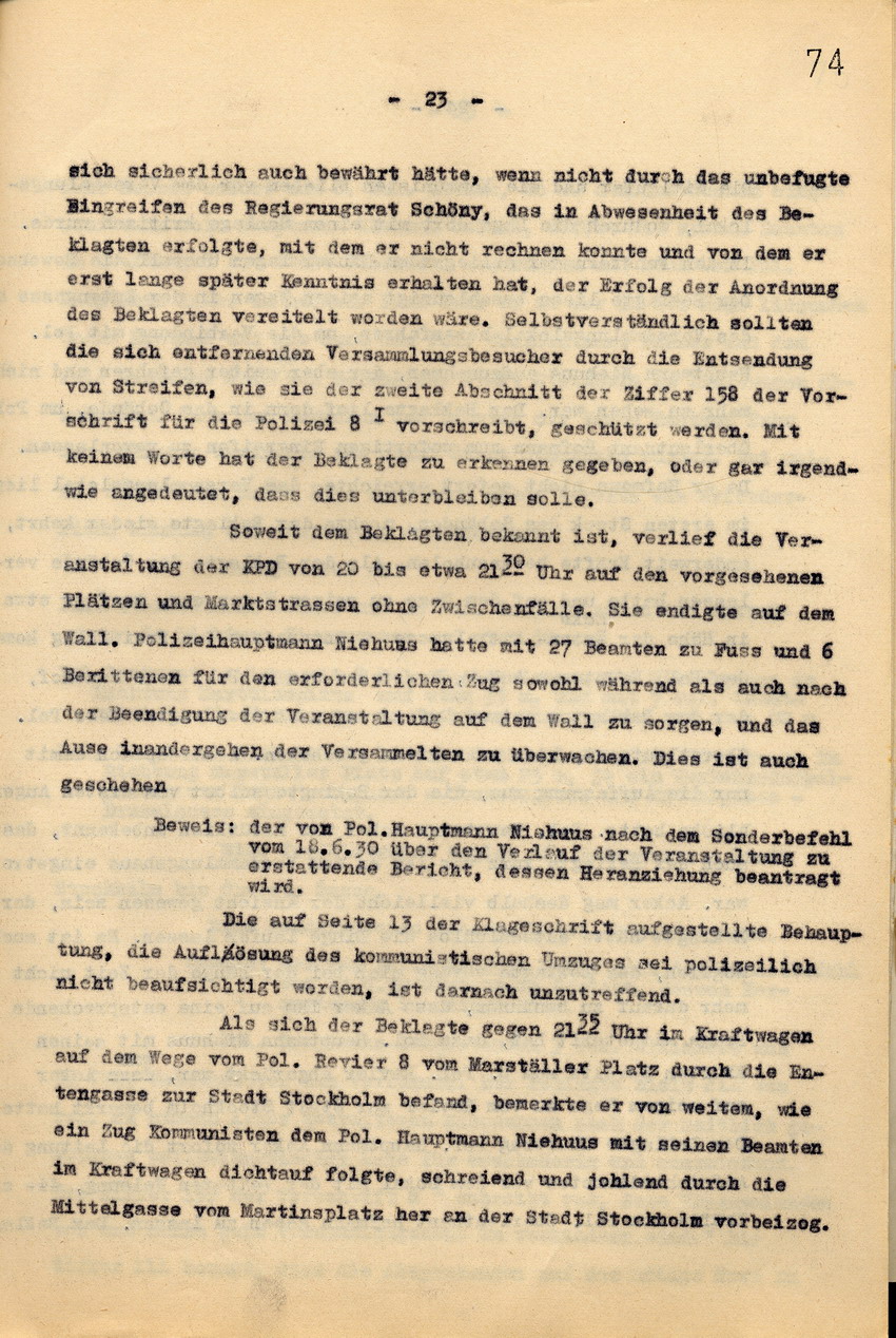 Rechtsanwalt Isele: Antrag auf Abweisung der Klage gegen den Polizei-Oberstleutnant a. D. Schulz. Gegendarstellung zu den Ereignissen vom 18. Juni 1930, Kassel, den 10. September 1936.