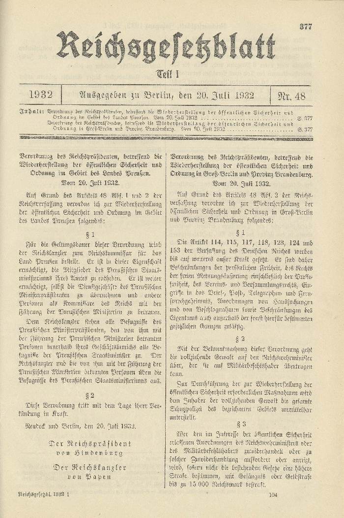 Verordnung des Reichspräsidenten, betr. die Wiederherstellung der öffentlichen Sicherheit und Ordnung im Gebiet des Landes Preußen bzw. Groß-Berlin und Provinz Brandenburg