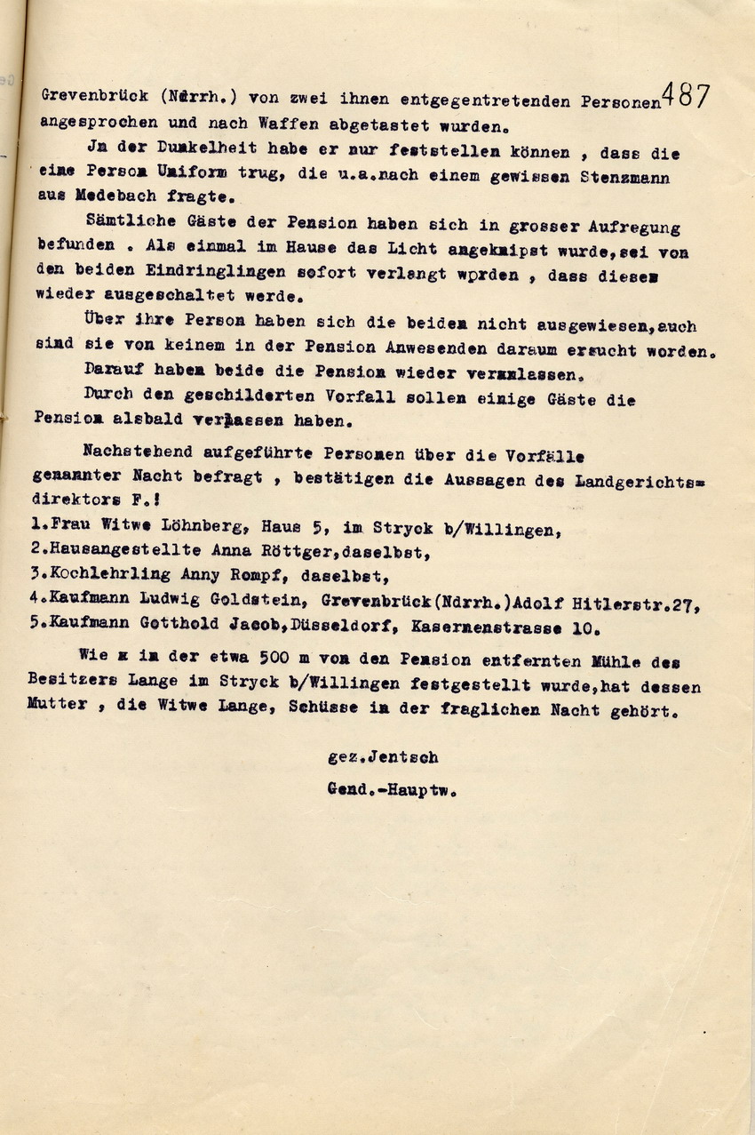 Meldung der Gendarmerie an den Landrat zu der Ruhestörung und Sachbeschädigung in der jüdischen Pension Löhnberg in Stryck am 17./ 18. August 1935, Rhena, den 18. August 1935.
