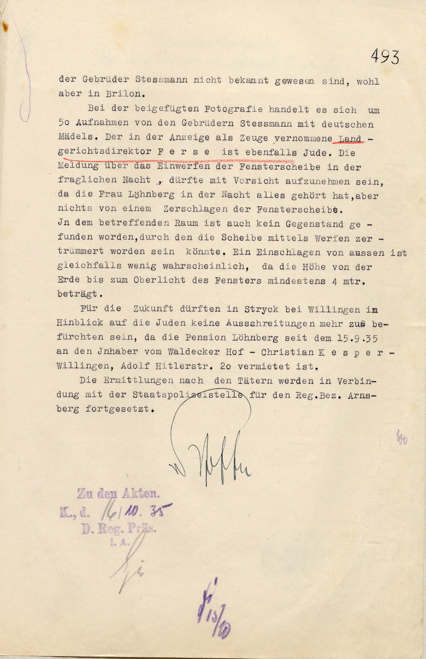 Schreiben des Polizeipräsidenten zu der Ruhestörung und Sachbeschädigung in der jüdischen Pension Löhnberg in Stryck am 17./ 18. August 1935 mit ersten Ermittlungsergebnissen, Kassel, den 7. Oktober 1935.
