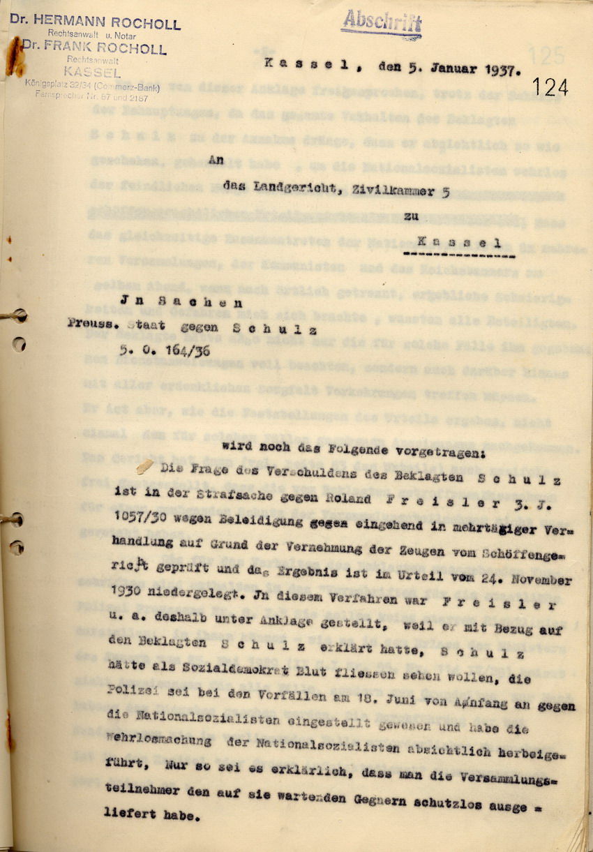 Anwaltskanzlei Rocholl: Erwiderung auf den Schriftsatz des Rechtsanwalts Isele vom 10. September 1936, Kassel, den 5. Januar 1937.