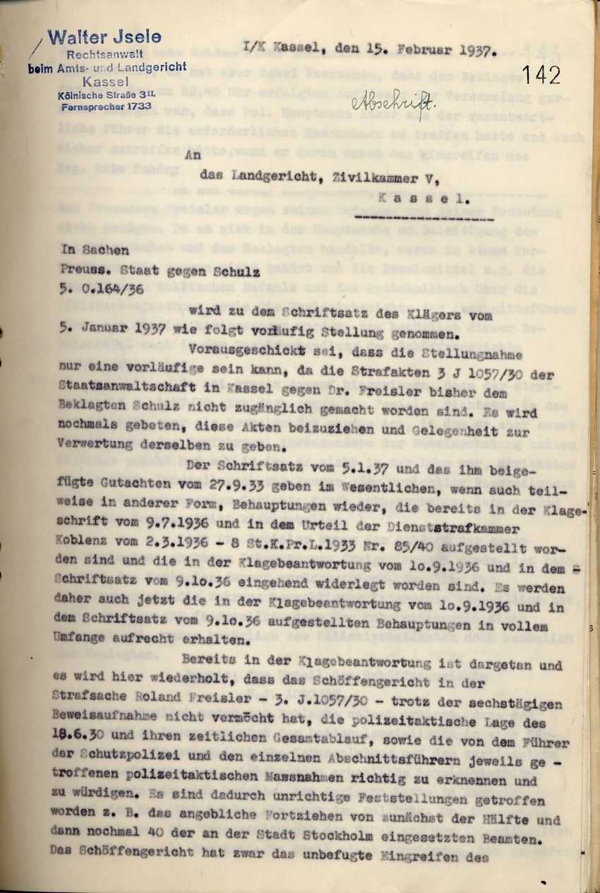 Rechtsanwalt Isele: Erwiderung auf den Schriftsatz der Anwaltskanzlei Rocholl vom 5. Januar 1937, Kassel, den 15. Februar 1937.