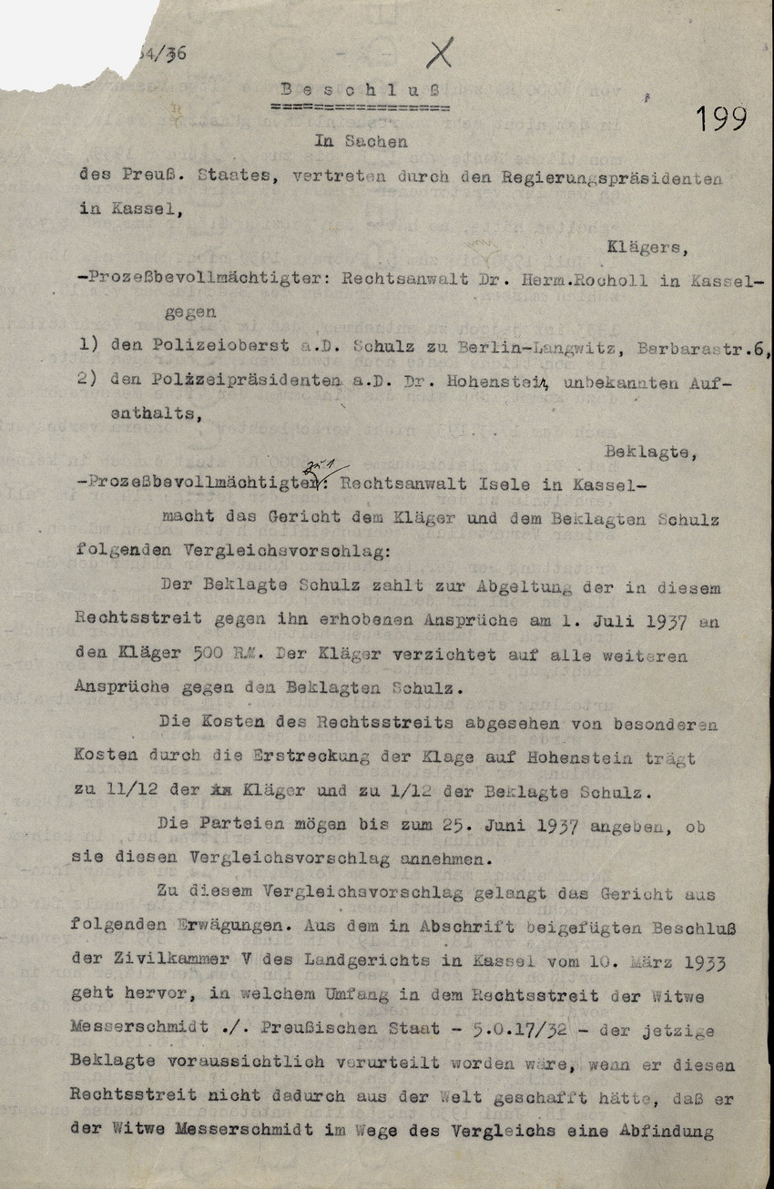 Vergleichsvorschlag des Landgerichts an die Beklagten Polizeipräsident a. D. Hohenstein und Polizei-Oberstleutnant a. D. Schulz, Kassel, den 2. Juni 1937.