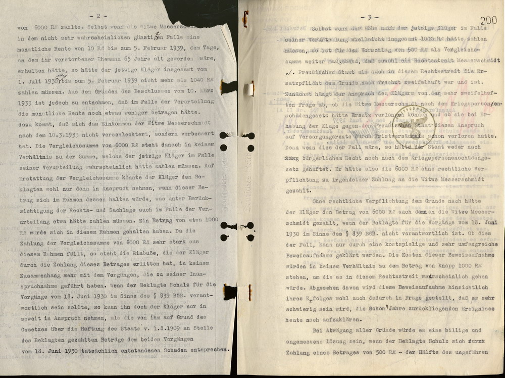 Vergleichsvorschlag des Landgerichts an die Beklagten Polizeipräsident a. D. Hohenstein und Polizei-Oberstleutnant a. D. Schulz, Kassel, den 2. Juni 1937.