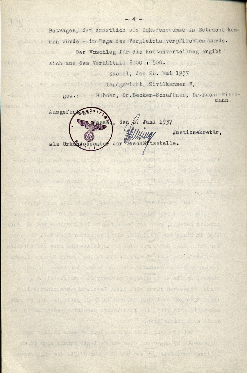 Vergleichsvorschlag des Landgerichts an die Beklagten Polizeipräsident a. D. Hohenstein und Polizei-Oberstleutnant a. D. Schulz, Kassel, den 2. Juni 1937.