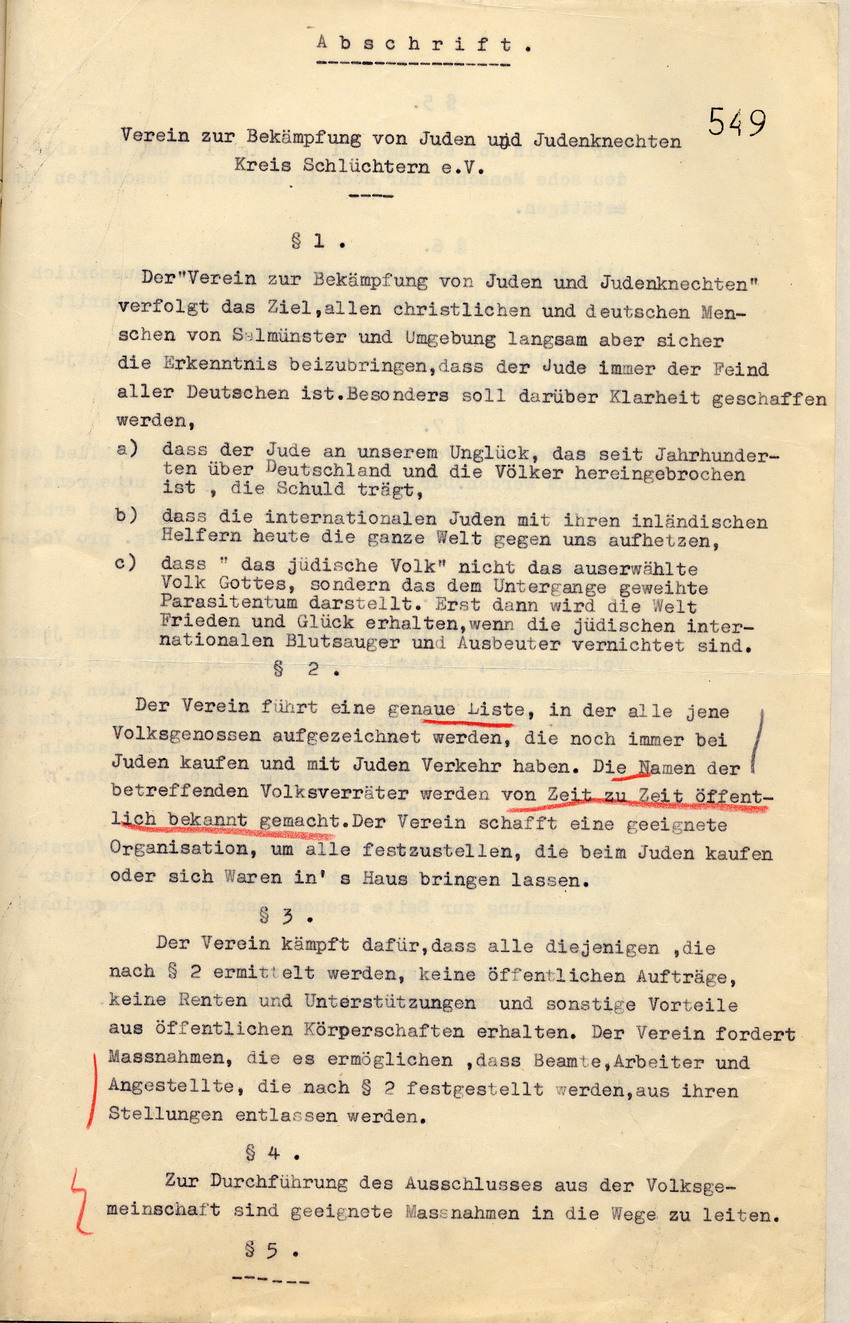 Statuten des "Vereins zur Bekämpfung von Juden und Judenknechten Kreis Schlüchtern e.V.", Schlüchtern im September 1935.