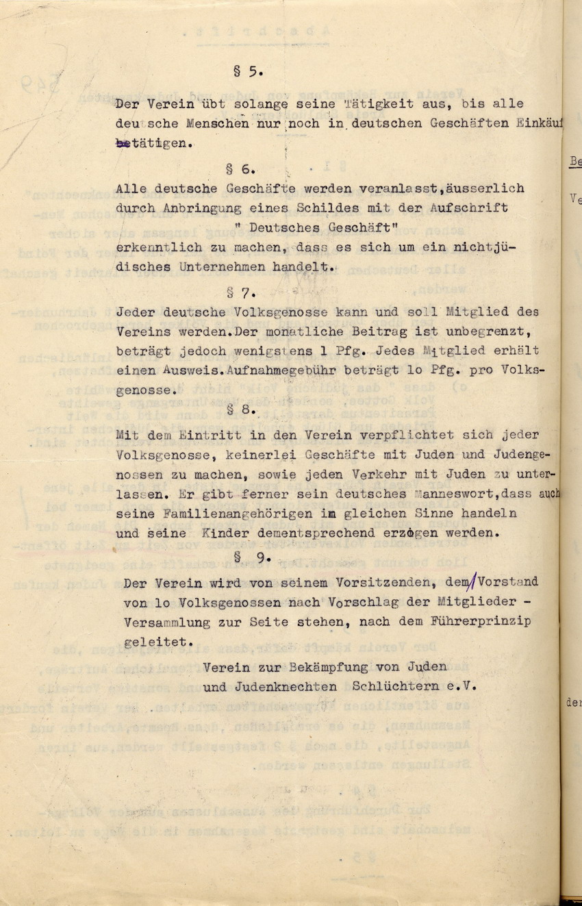 Statuten des "Vereins zur Bekämpfung von Juden und Judenknechten Kreis Schlüchtern e.V.", Schlüchtern im September 1935.