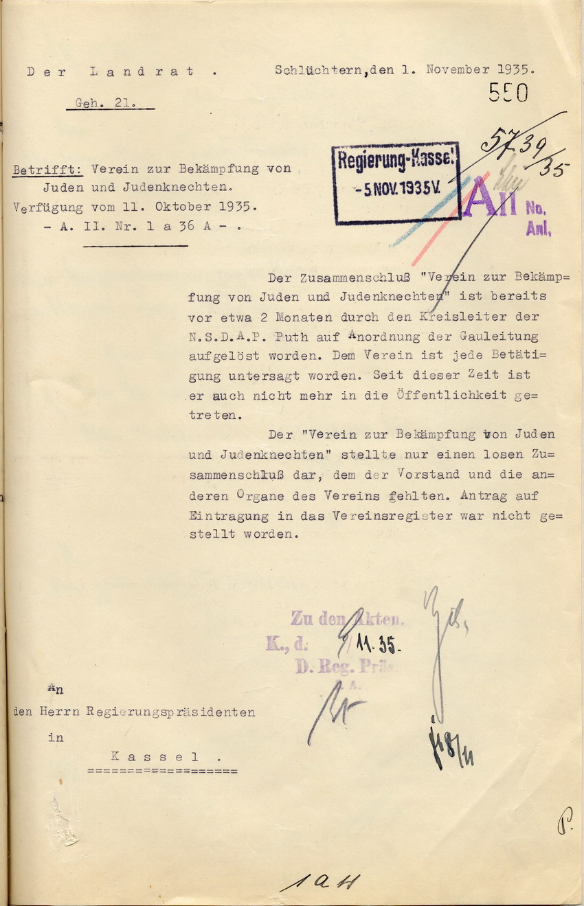 Stellungnahme des Landrates zu dem "Verein zur Bekämpfung von Juden und Judenknechten Kreis Schlüchtern e.V.", Schlüchtern. 1. November 1935.