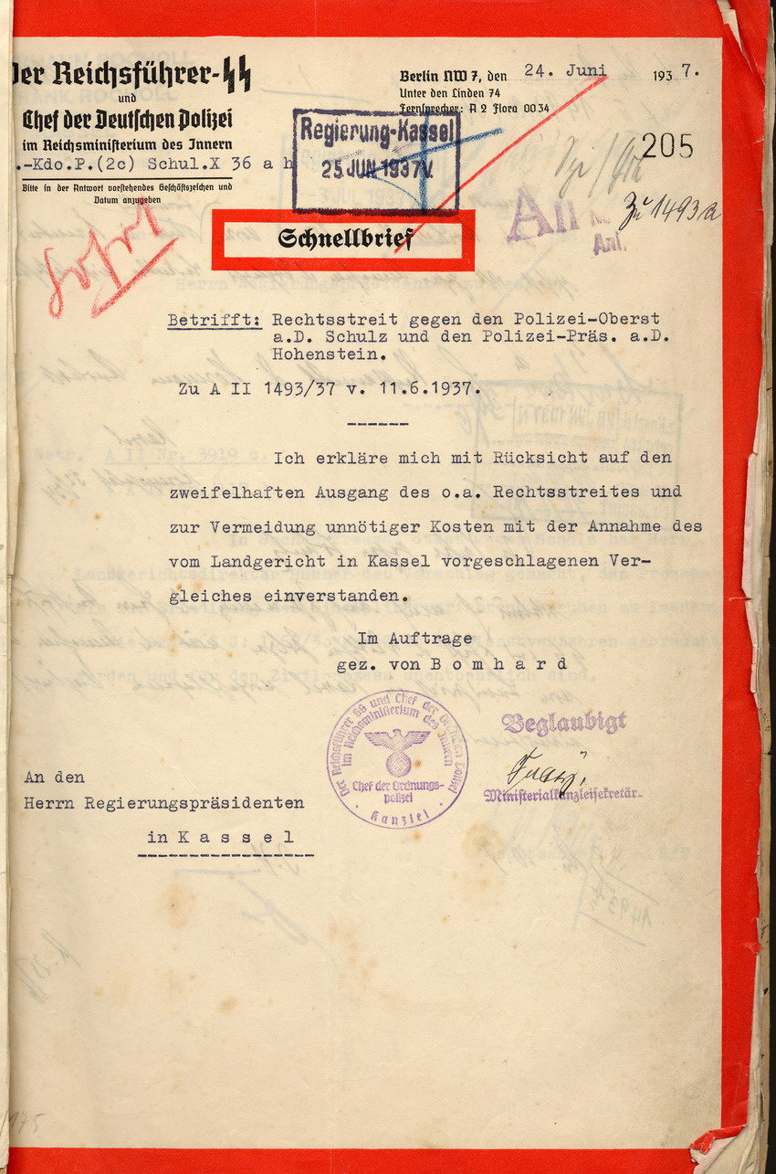Schreiben des Reichsführers SS: Einverständniserklärung mit dem Vergleichsvorschlag des Kasseler Landgerichts vom 2. Juni 1937, Berlin, den 24. Juni 1937.
