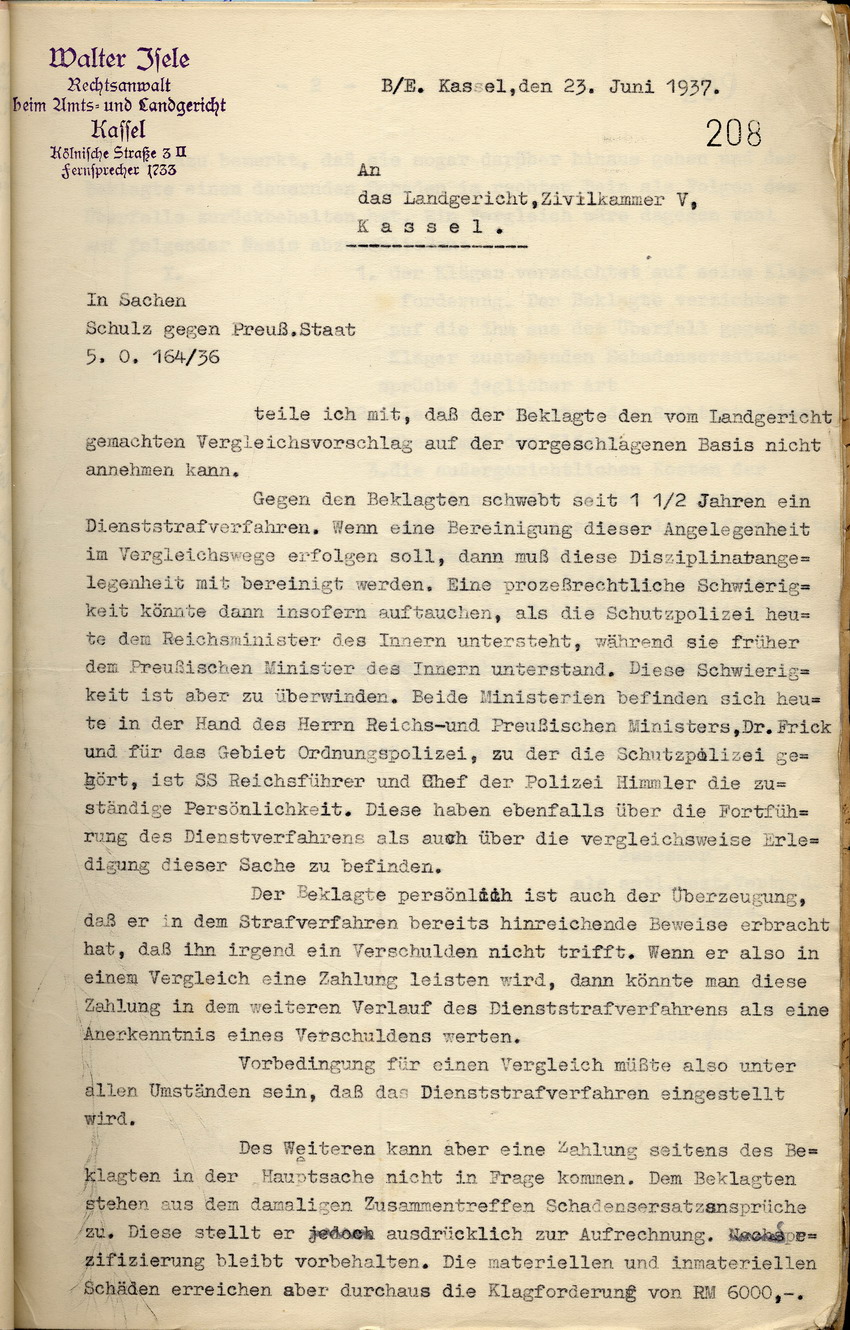 Rechtanwalt Isele an das Landgericht Kassel: Ablehnung des Vergleichsvorschlags, Kassel, den 23. Juni 1937.