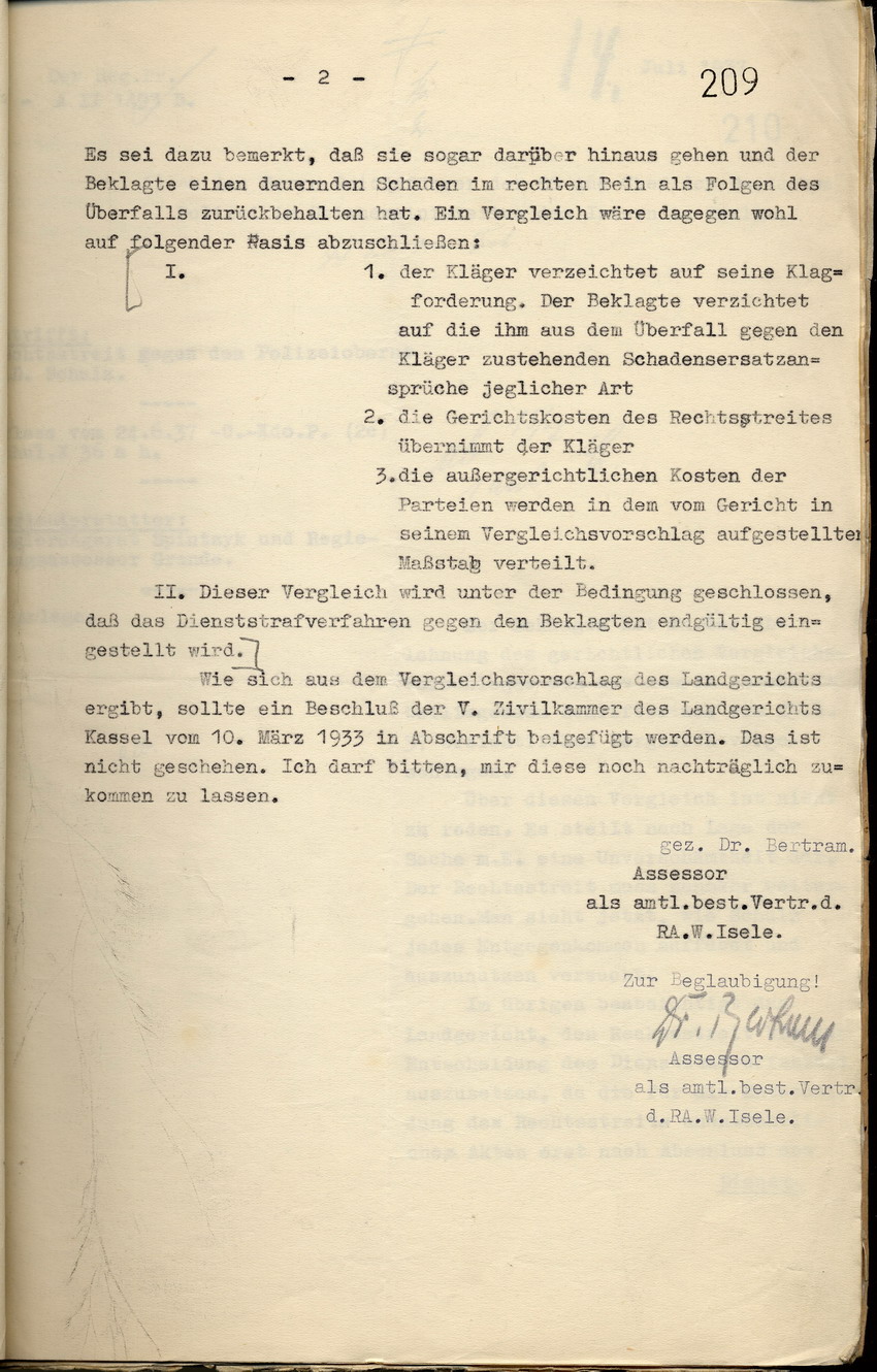 Rechtanwalt Isele an das Landgericht Kassel: Ablehnung des Vergleichsvorschlags, Kassel, den 23. Juni 1937.