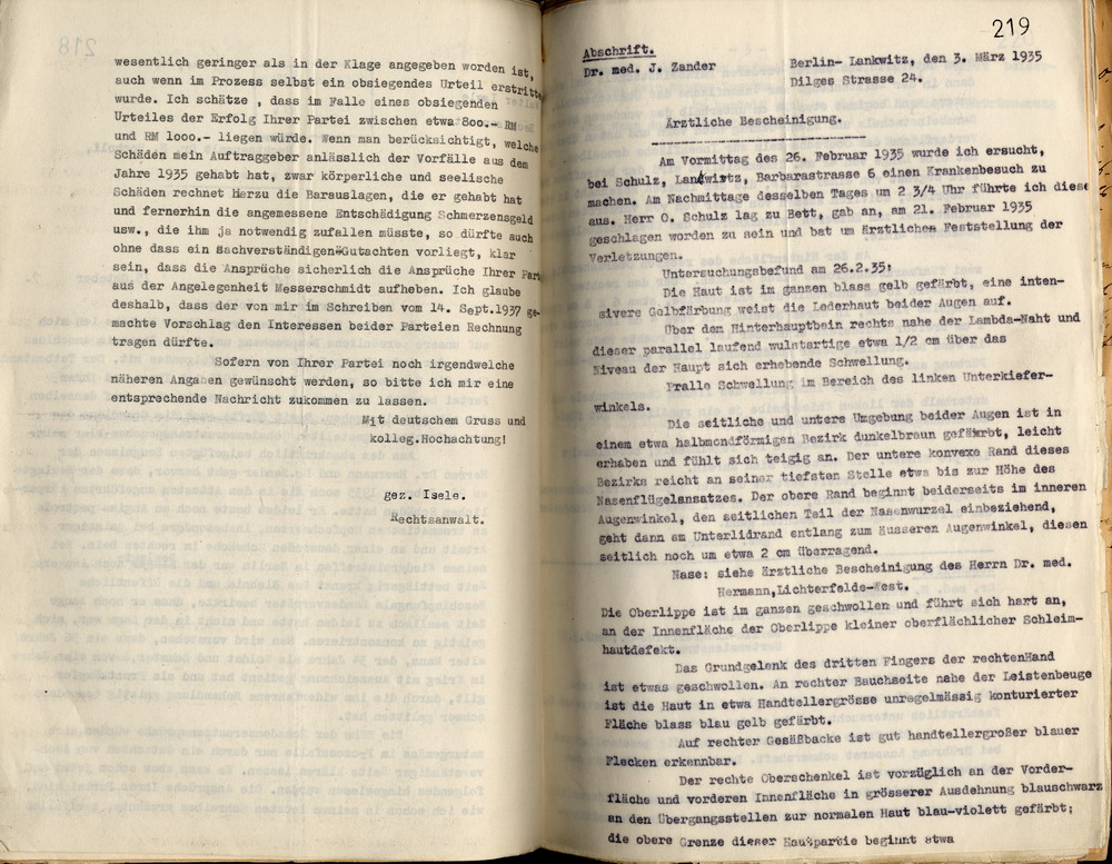 Rechtanwalt Isele an die Anwaltskanzlei Rocholl: Verweis auf den schlechten Gesundheitszustand seines Mandanten Schulz nebst zwei medizinischen Gutachten, Kassel, den 15. Oktober 1937.