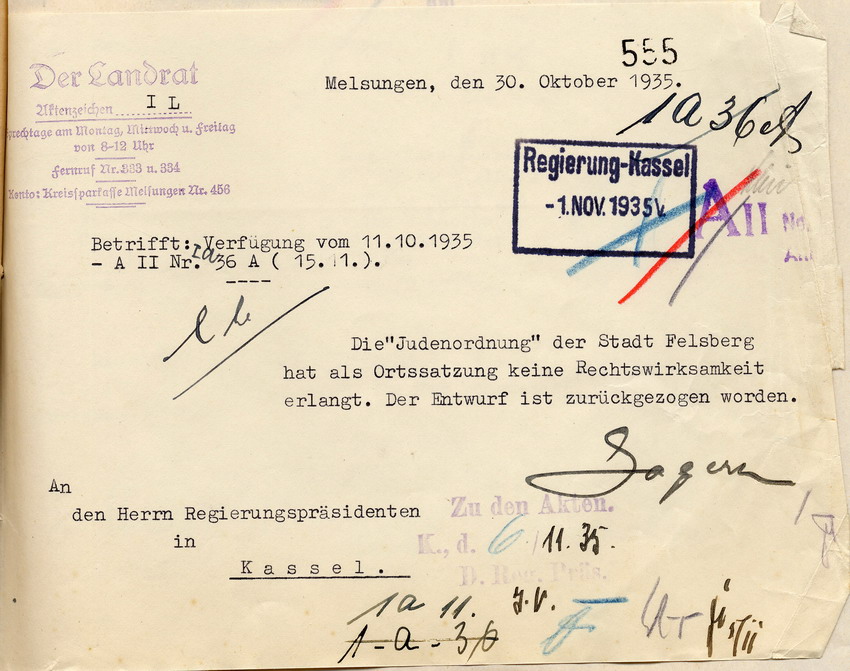 Stellungnahme des Landrates zu der "Judenordnung" von Felsberg, Melsungen, den 30. Oktober 1935.