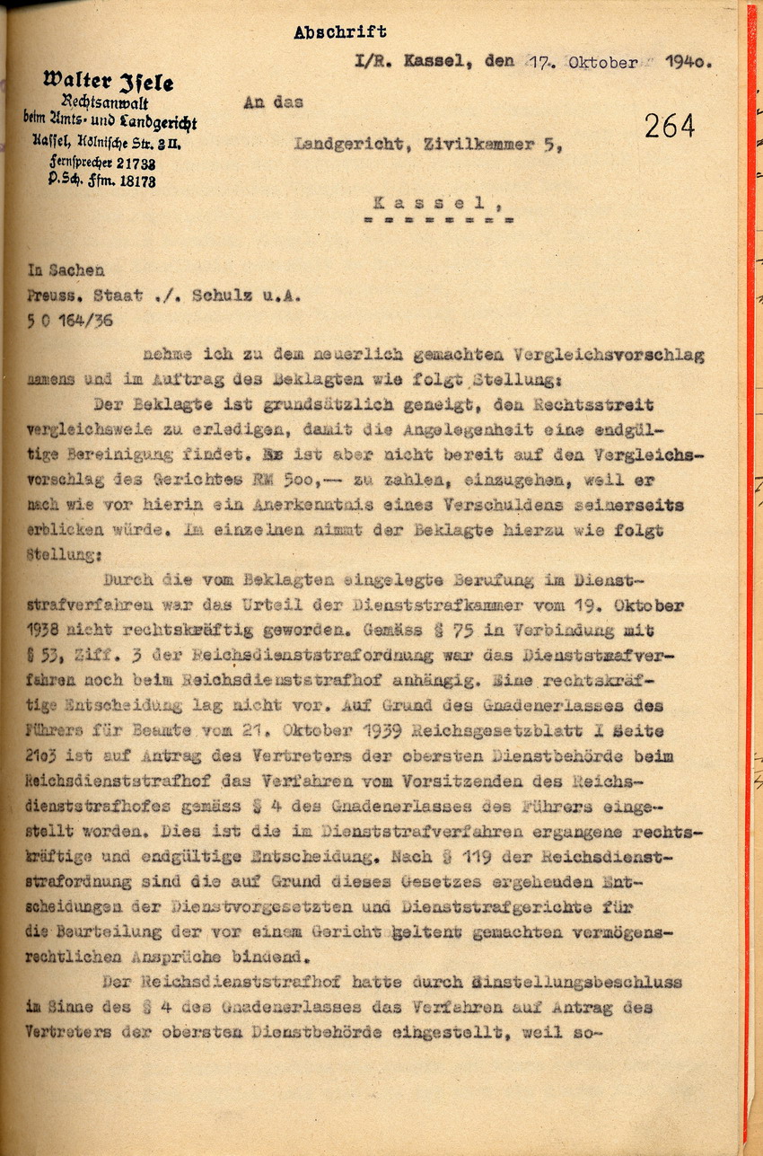 Rechtsanwalt Isele an das Landgericht Kassel: Annahme des erneuten Vergleichsvorschlags der gegnerischen Partei vom 8. Oktober 1940, Kassel, den 17. Oktober 1940.