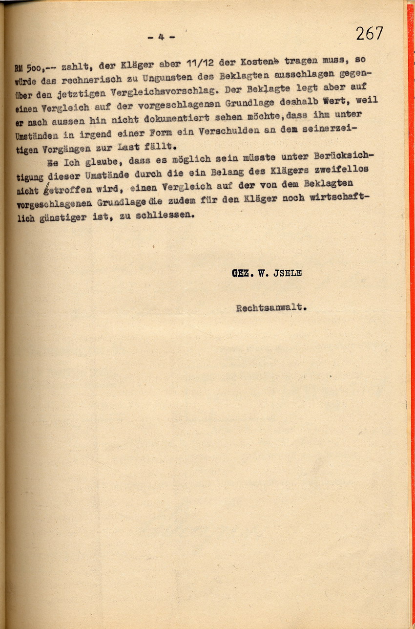 Rechtsanwalt Isele an das Landgericht Kassel: Annahme des erneuten Vergleichsvorschlags der gegnerischen Partei vom 8. Oktober 1940, Kassel, den 17. Oktober 1940.