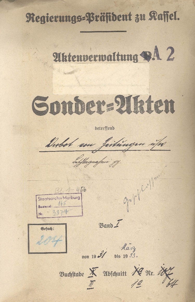 Aktendeckel: Sonderakten betreffend Verbot von Zeitungen Bd. I, 1931 bis März 1933