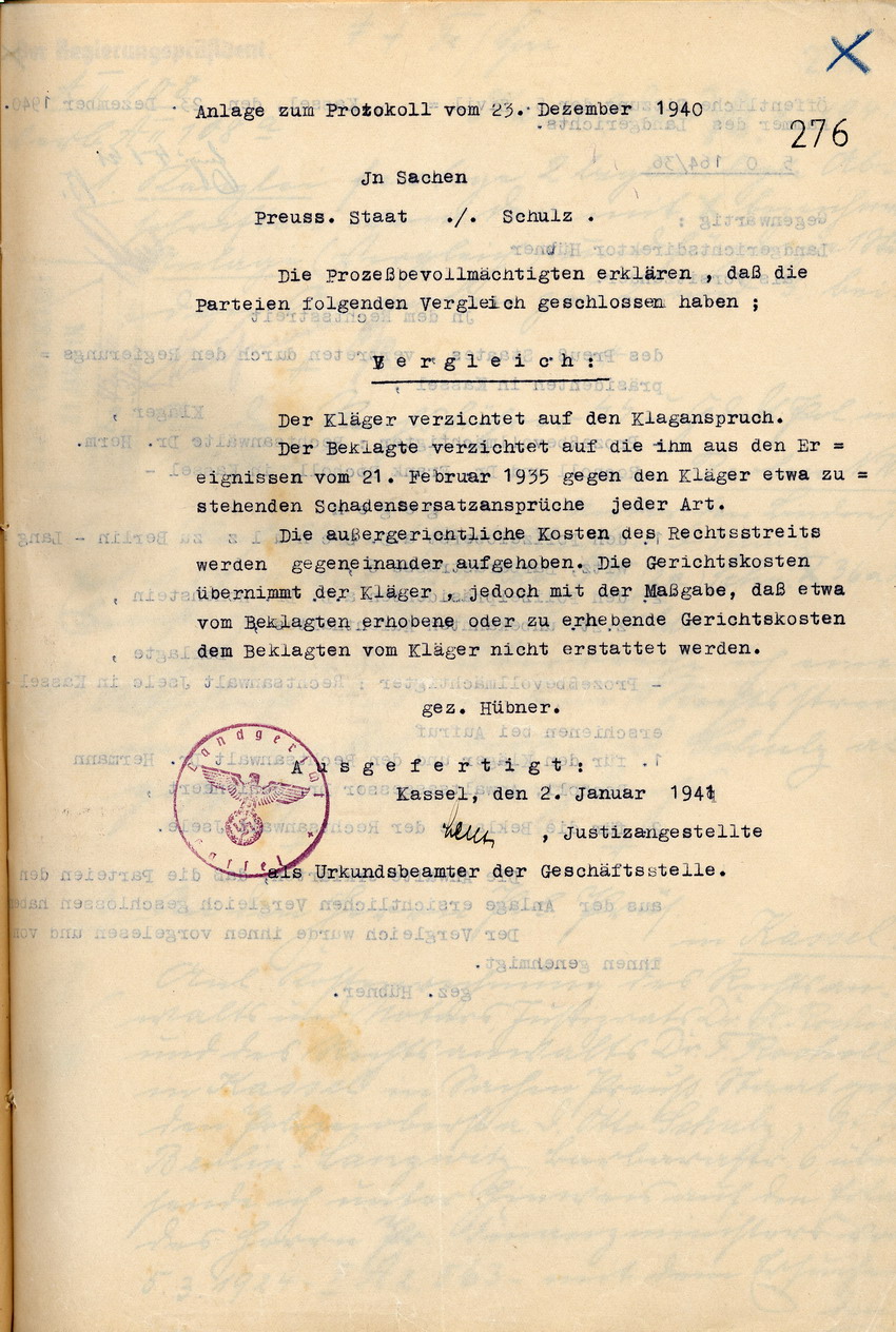 Vergleichsurkunde des Landgerichts, Kassel, den 2. Januar 1941.