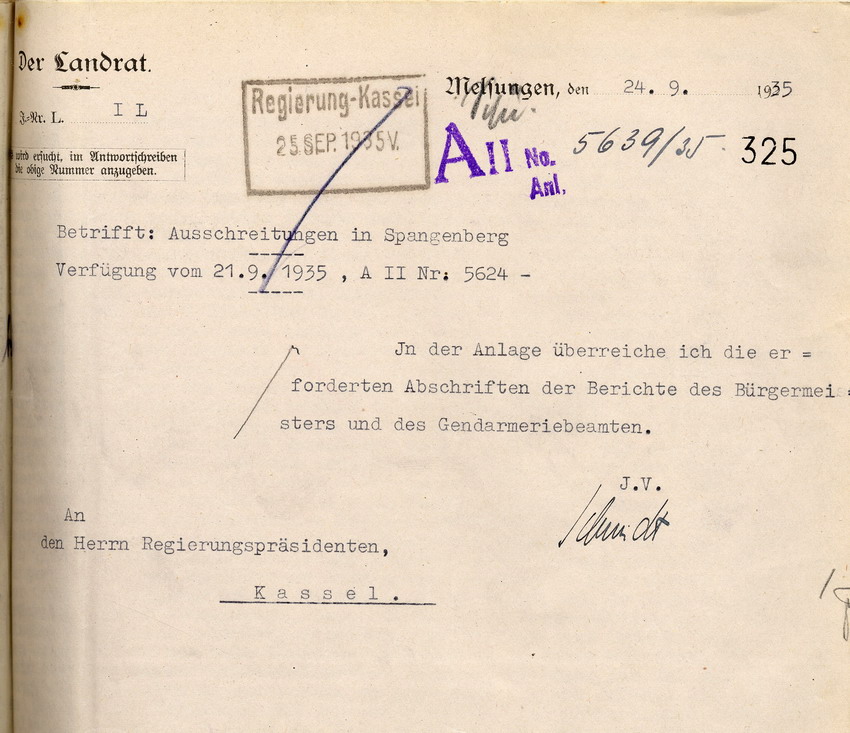 Aussage des Gendarmerie Polizeihauptwachtmeisters Huber über die Ausschreitungen gegen jüdische Mitbürger in Spangenberg in der Nacht vom 15. auf den 16. September 1935, Spangenberg, den 17. September 1935.