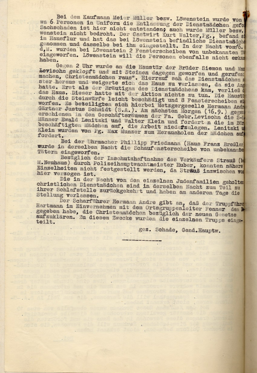 Bericht des Gendarmerie Polizeihauptwachtmeisters Schade über die Ausschreitungen gegen jüdische Mitbürger in Spangenberg in der Nacht vom 15. auf den 16. September 1935, Spangenberg, den 17. September 1935.