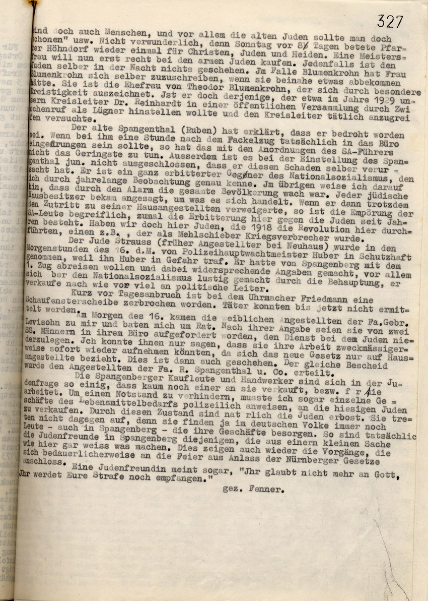 Bericht des Ortsgruppenleiters und Bürgermeisters Fenner über die Ausschreitungen gegen jüdische Mitbürger in Spangenberg in der Nacht vom 15. auf den 16. September 1935, Spangenberg, den 18. September 1935.