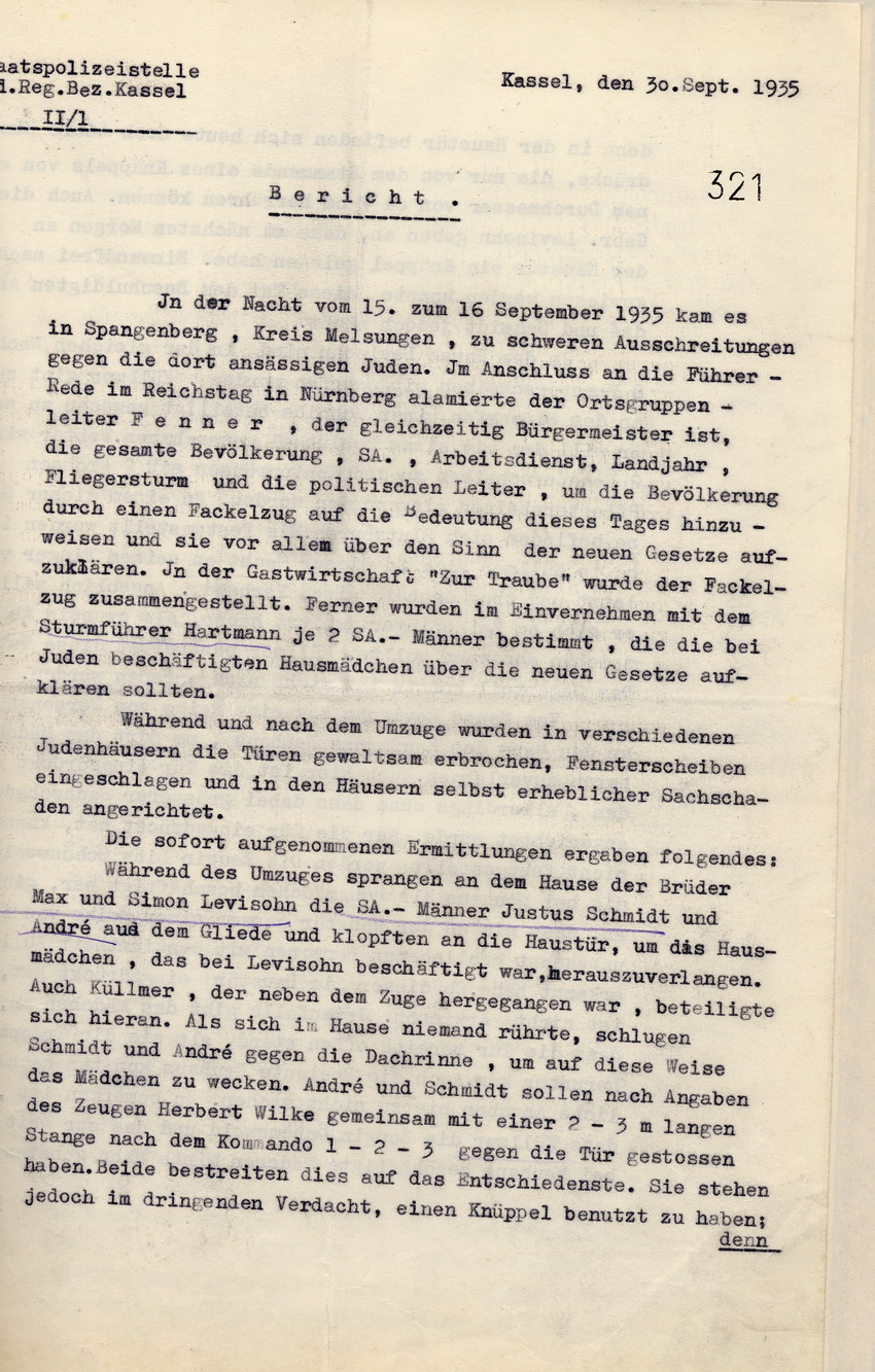 Ausführlicher Bericht der Staatspolizeistelle Kassel über die Ausschreitungen gegen jüdische Mitbürger in Spangenberg in der Nacht vom 15. auf den 16. September 1935 mit Ermittlungsergebnissen, Spangenberg, den 30. September 1935.
