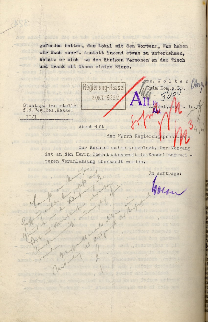 Ausführlicher Bericht der Staatspolizeistelle Kassel über die Ausschreitungen gegen jüdische Mitbürger in Spangenberg in der Nacht vom 15. auf den 16. September 1935 mit Ermittlungsergebnissen, Spangenberg, den 30. September 1935.